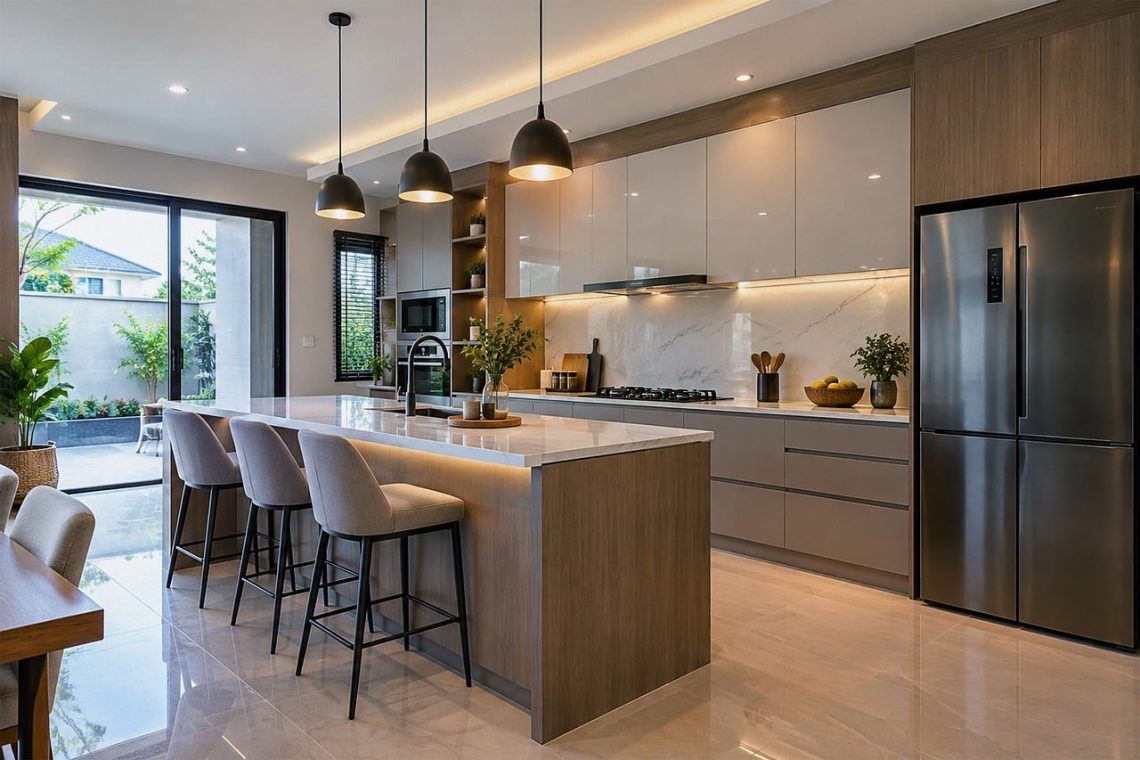 modern kitchen, nature, interior, minimalist design, kitchen island, open concept, natural lighting, marble countertop, garden, luxurious look, comfortable seating, wooden elements, room with large windows, relaxed atmosphere, luxury home kitchen, home decor, elegant style, kitchen amenities, light fixtures, high ceilings, can be combined