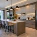 modern kitchen, nature, interior, minimalist design, kitchen island, open concept, natural lighting, marble countertop, garden, luxurious look, comfortable seating, wooden elements, room with large windows, relaxed atmosphere, luxury home kitchen, home decor, elegant style, kitchen amenities, light fixtures, high ceilings, can be combined