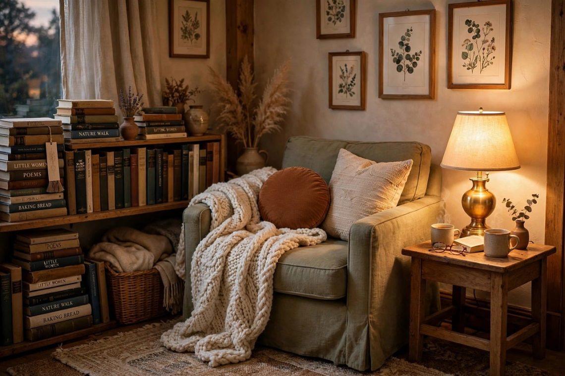 cozy, armchair, lamp, bookshelf, pillow, wall art, decorative, cozy corner, comfortable, painted pictures, blanket, rug, tea cups, books, pleasant atmosphere, curtain, wooden shelf, warm lights, natural materials, vintage style