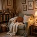 cozy, armchair, lamp, bookshelf, pillow, wall art, decorative, cozy corner, comfortable, painted pictures, blanket, rug, tea cups, books, pleasant atmosphere, curtain, wooden shelf, warm lights, natural materials, vintage style