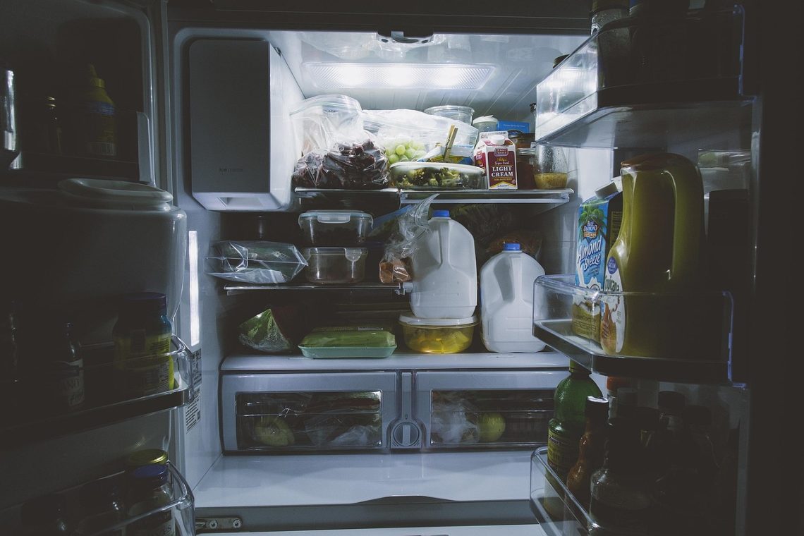 bottles, food, gallon, inside, light, milk, refrigerator, shelf, vegetables, refrigerator, refrigerator, refrigerator, refrigerator, refrigerator